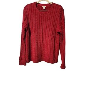 LL Bean  Cable Knit Fisherman Sweater Red  Cotton Size Large